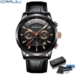 CRRJU Casual Leather Quartz Men's  Waterproof Date Chronograph Watch